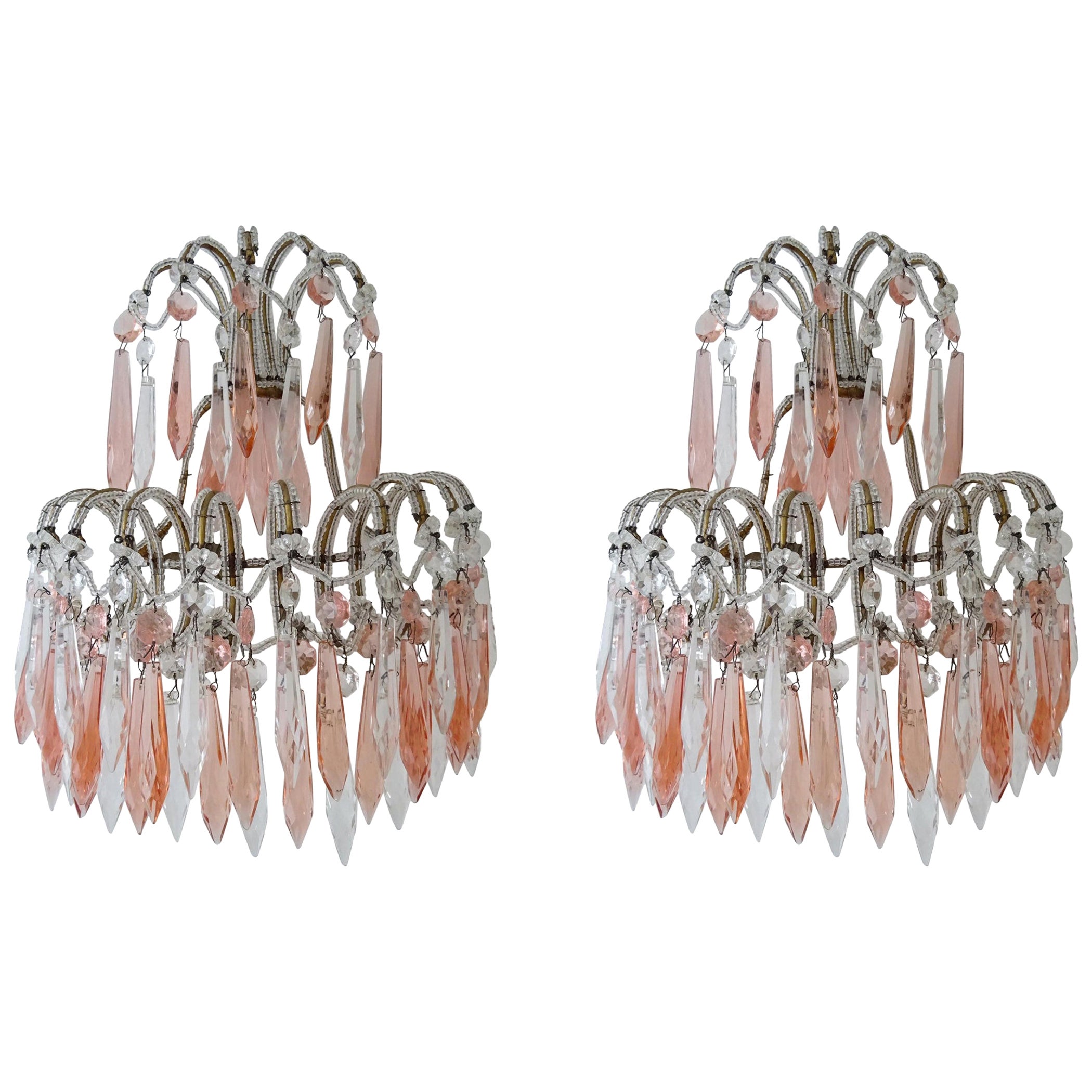 French Micro Beaded Pink & Clear Loaded Crystal Sconces, circa 1920