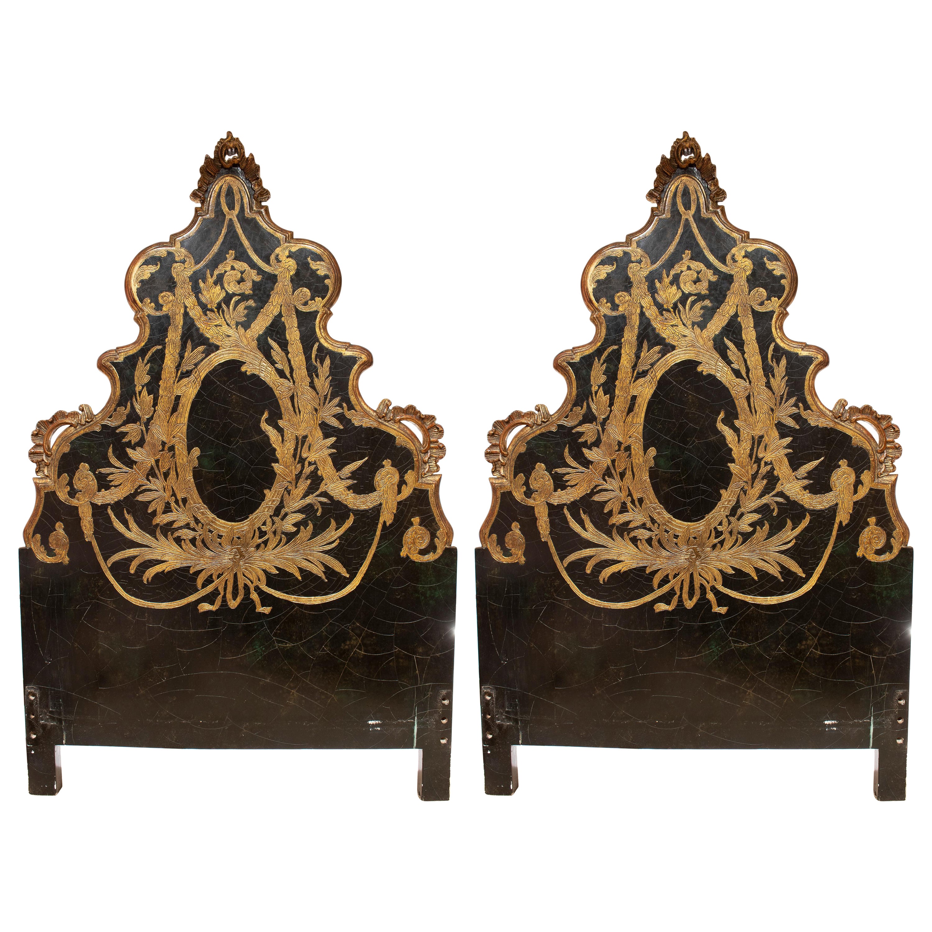 Pair of 1950s Spanish Wooden Beds w/ Rococo Revival Gilt Bed Heads
