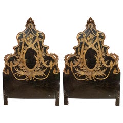 Pair of 1950s Spanish Wooden Beds w/ Rococo Revival Gilt Bed Heads