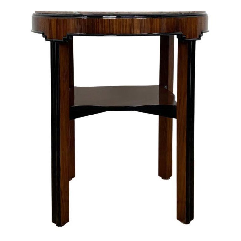Art Deco Side Table with Walnut Veneer Stained in Rosewood and Marble Top German