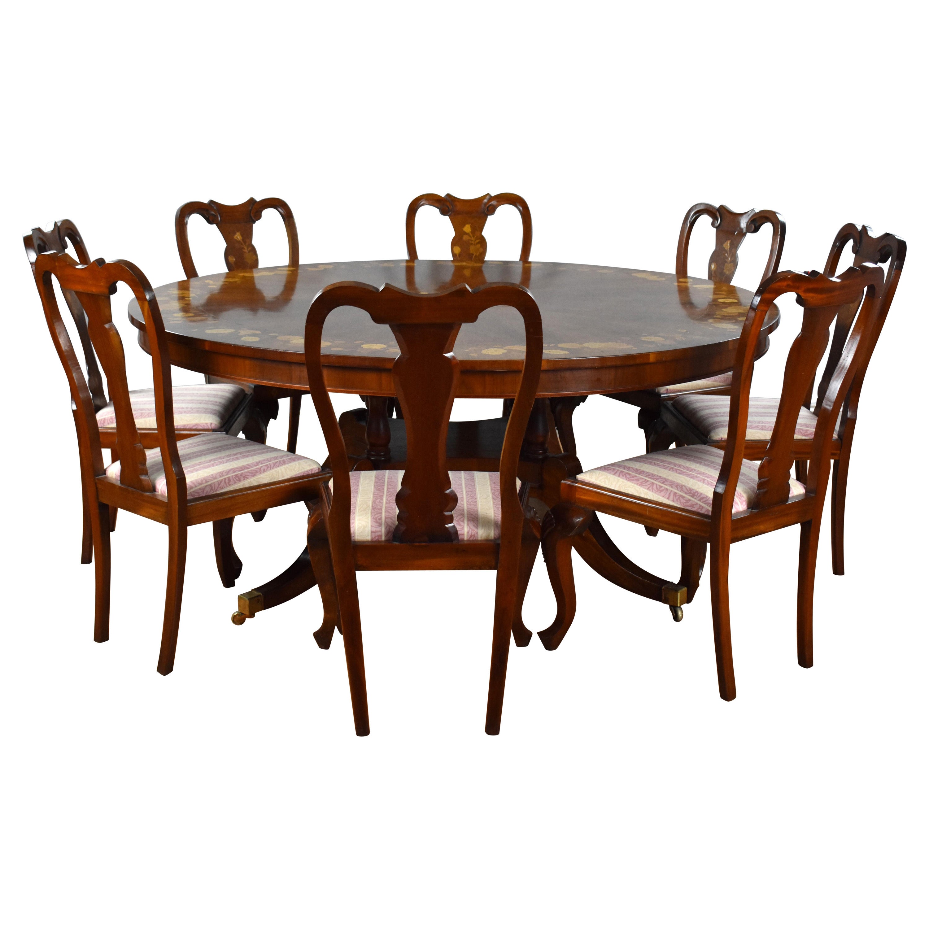 20th Century English Walnut & Marquetry Circular Dining Table & 8 Chairs For Sale