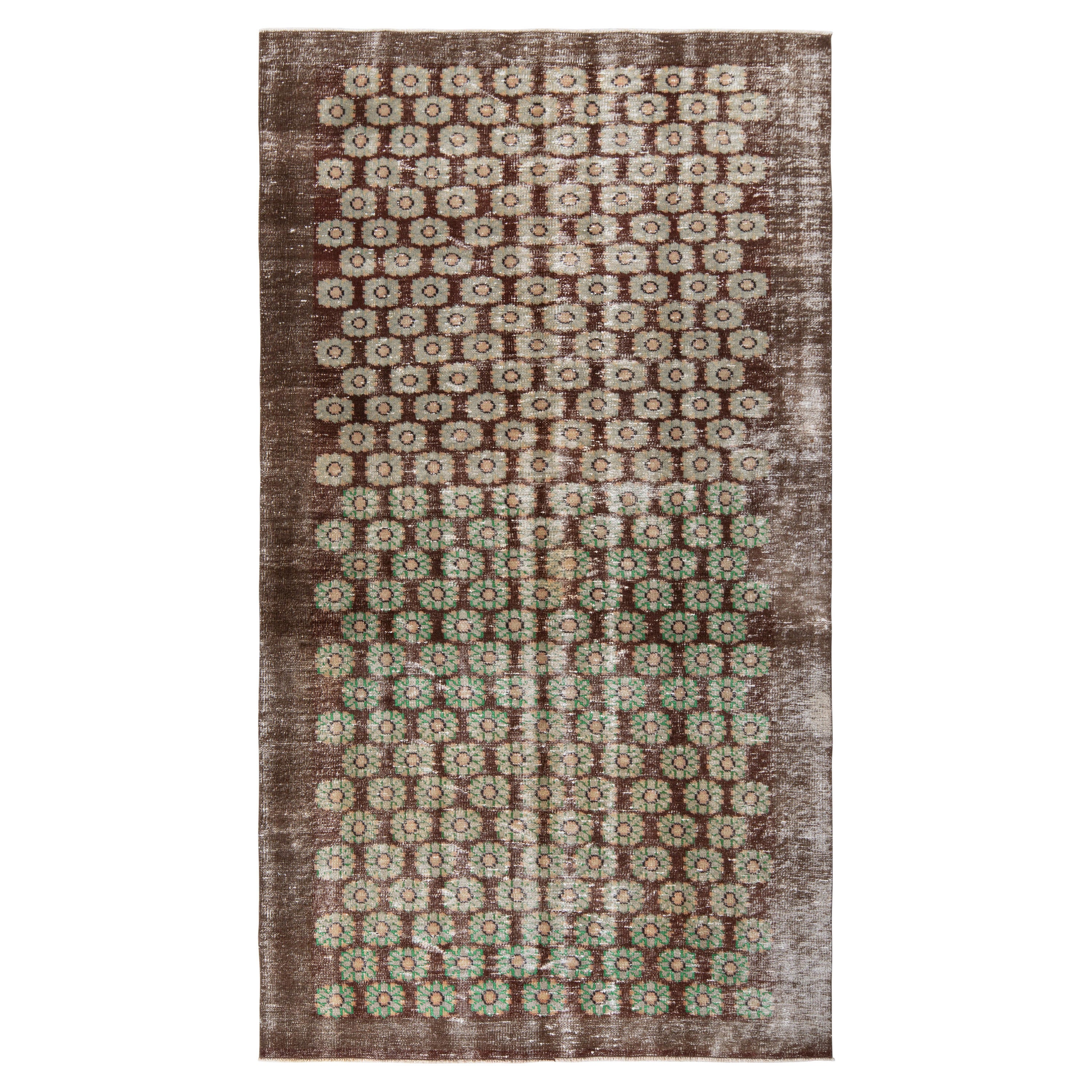 Hand-Knotted Vintage Mid Century in Brown, Green, Floral Pattern by Rug & Kilim For Sale