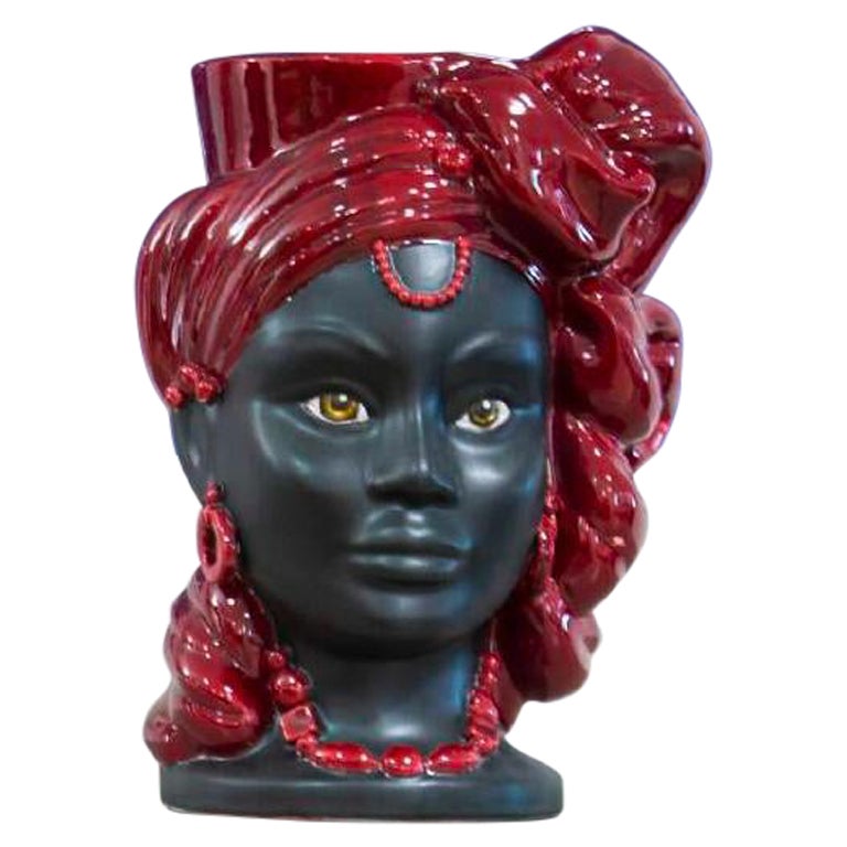 Goddess E15, Woman's Moorish Head, Handmade in Sicily Vase, Size S, Bichrome For Sale