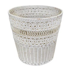 Circular White Wicker Basket with Woven Floral Knot Pattern