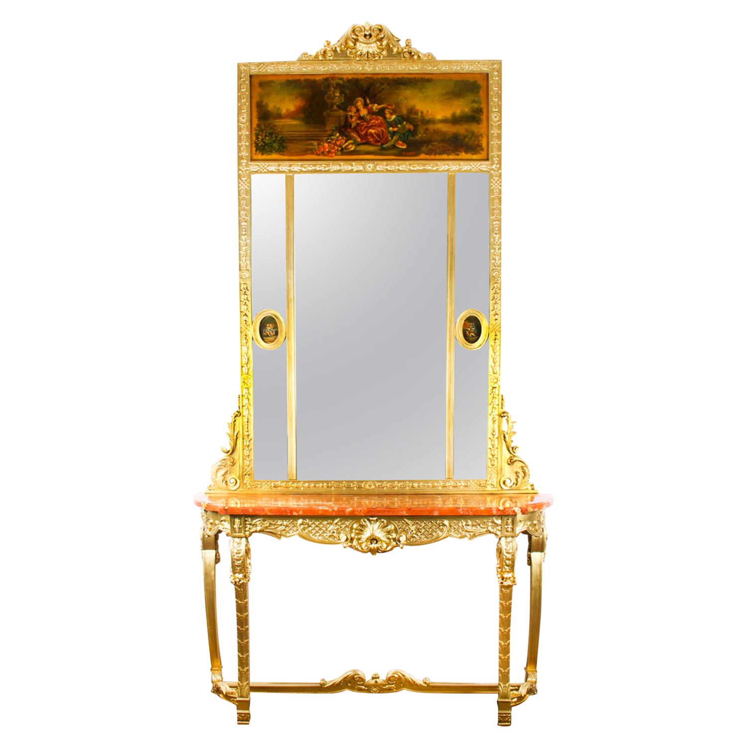 Ancien miroir Trumeau français avec table console assortie 19ème siècle