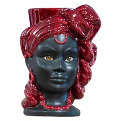 Goddess E15, Woman's Moorish Head, Handmade in Sicily Vase, Size L, Bichrome