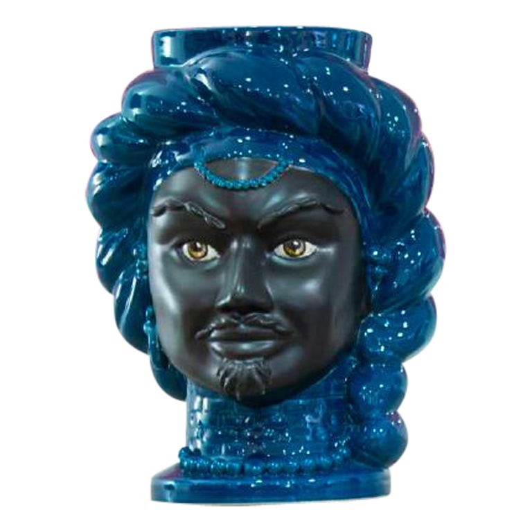 God E17, Man's Moorish Head, Handmade in Sicily, Luxury Vase, Size S, Bichrome For Sale
