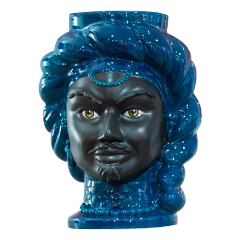 God E17, Man's Moorish Head, Handmade in Sicily, Luxury Vase, Size L, Bichrome For Sale