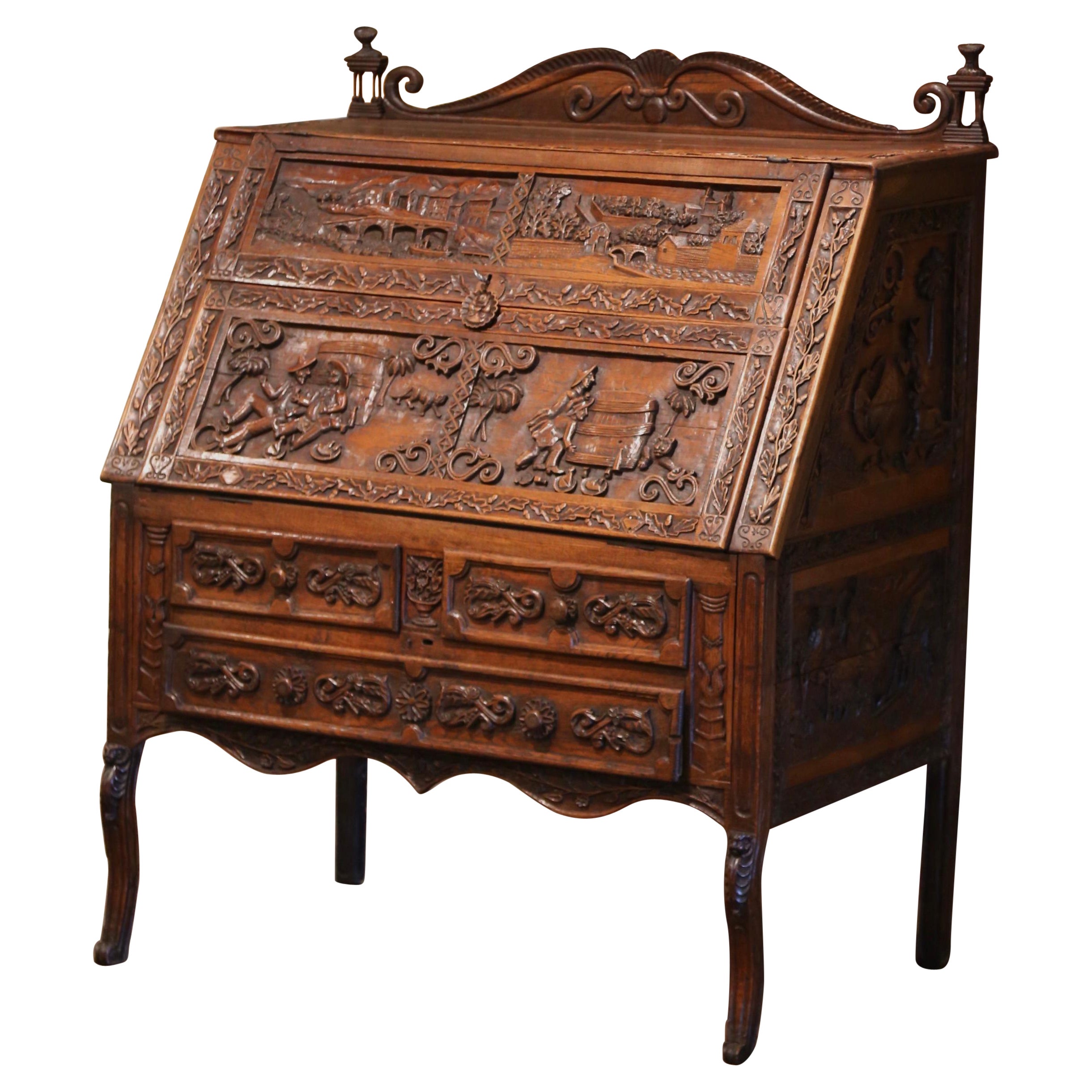 Mid-19th Century French Louis XV Heavily Carved Oak Desk Secretary