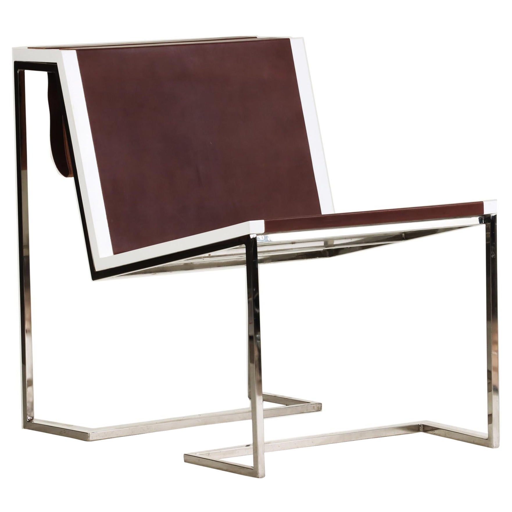 Bauhaus Minimal Inspired Leather and Stainless Steel Chair with Magazine Sling For Sale
