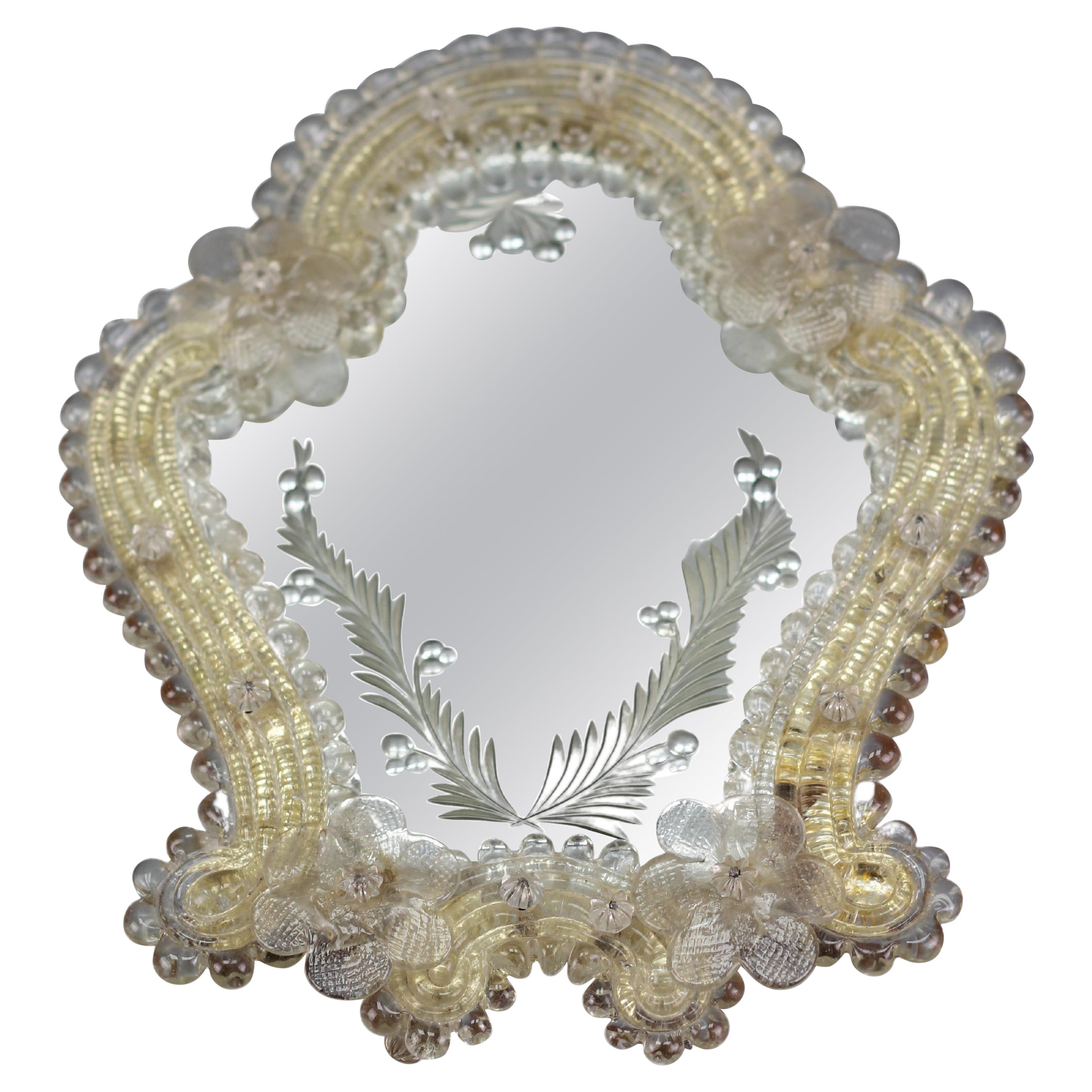 Italian Murano Clear and Light Golden Glass Etched Wall Mirror, circa 1950s For Sale