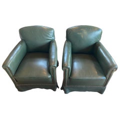 Pair of Green Leather Armchairs with Skirts