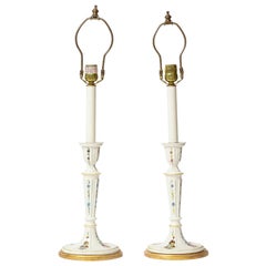 Vintage Pair of Mario Buatta Battersea Enamel Style Candlestick Lamps