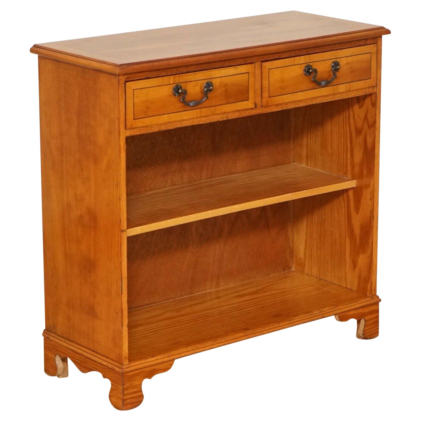 Luxury Burr Yew Wood Vintage Two Drawer Open Dwarf Library Bookcase Sideboard