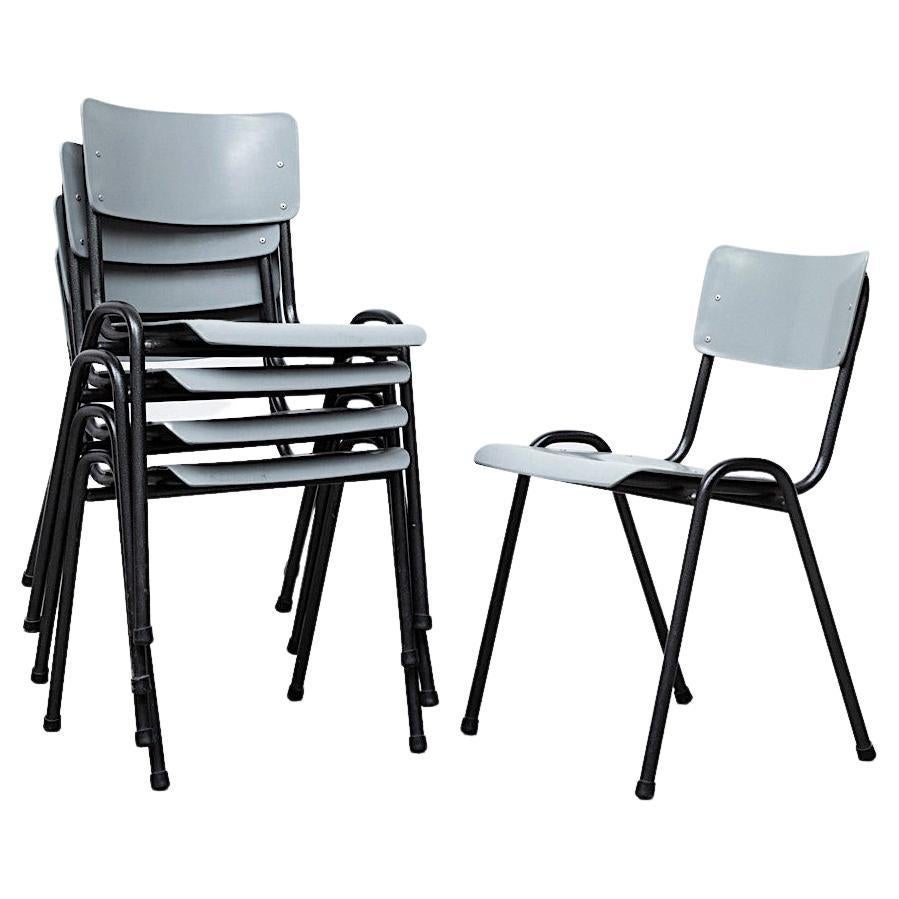 Mid-Century Stacking Chairs w/ Grey Plastic Seats & Black Textured Frame For Sale