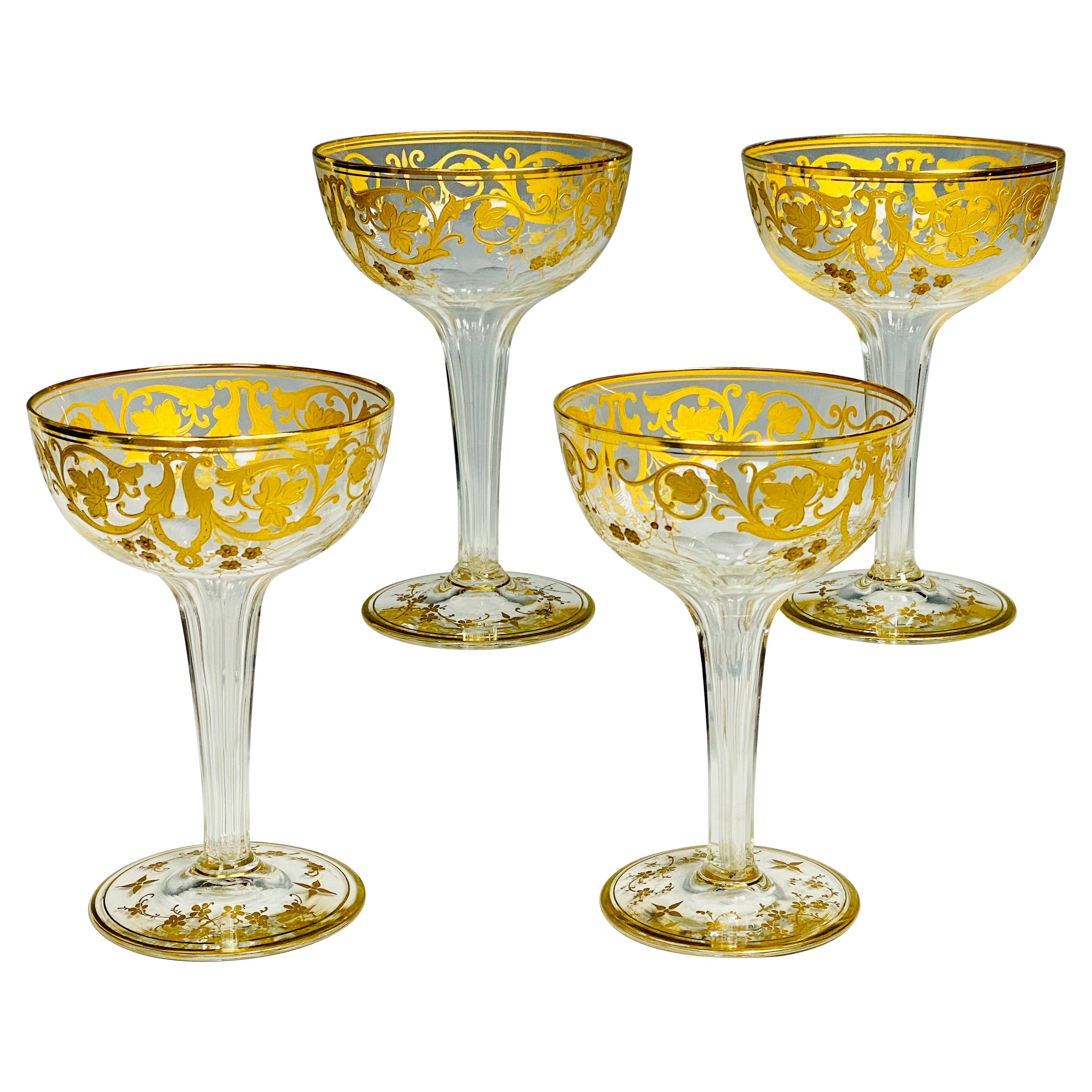  12 Baccarat Hand Blown Crystal Hollow Stem Champagne Coupes Raised Paste Gold