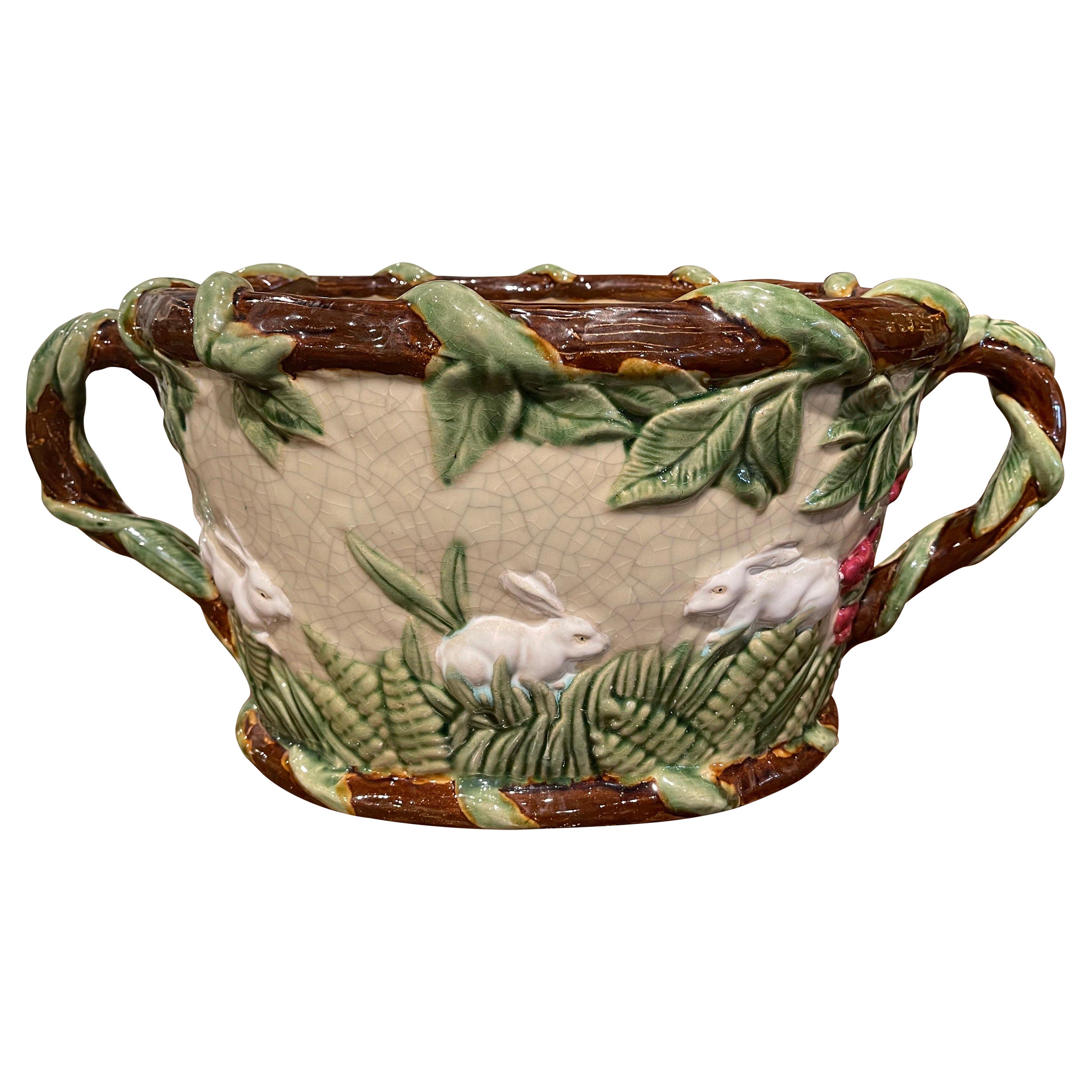 Mid-Century French Painted Majolica Cachepot with Rabbit and Leaf Motifs