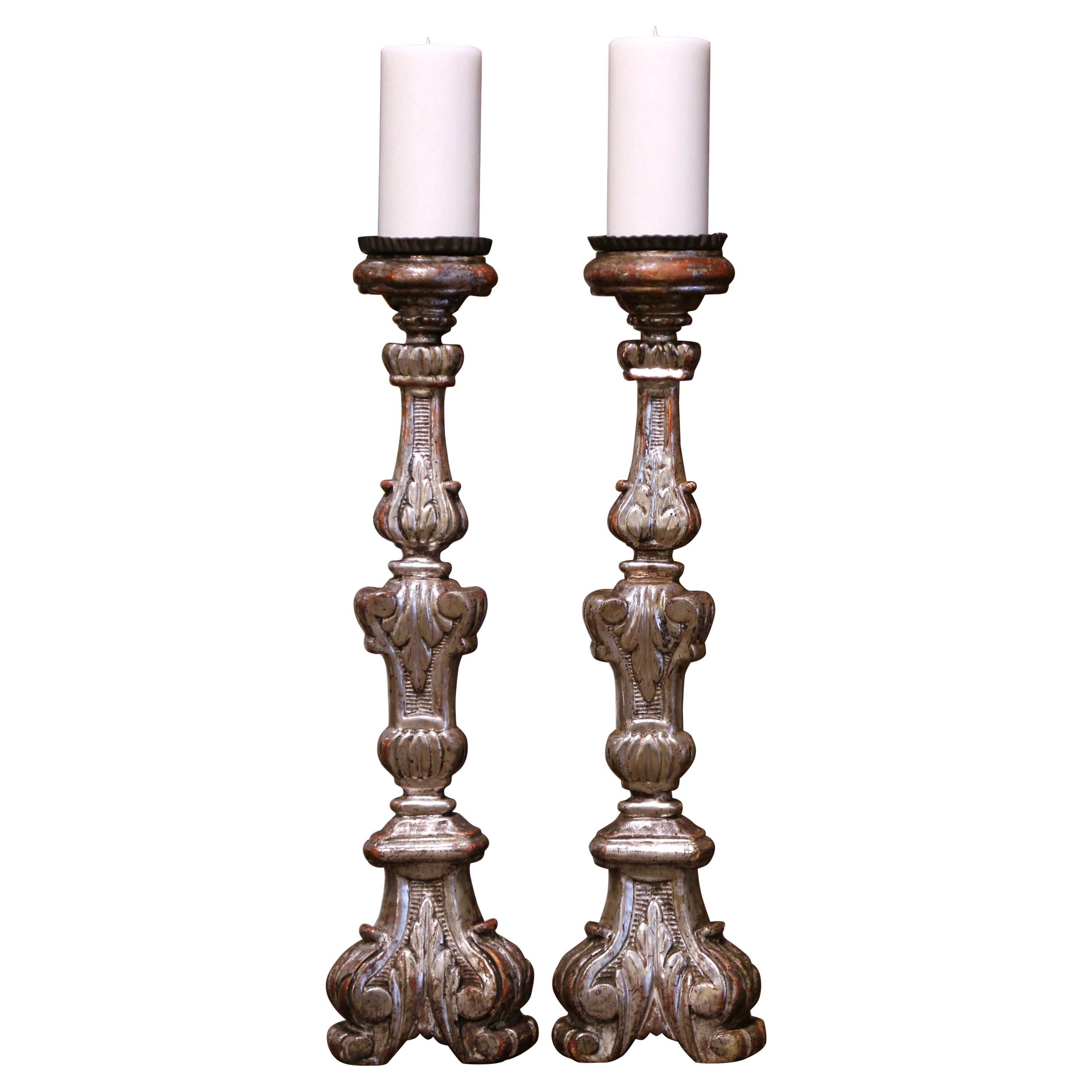 Pair of 19th Century Italian Carved Silver Leaf Candle Holders