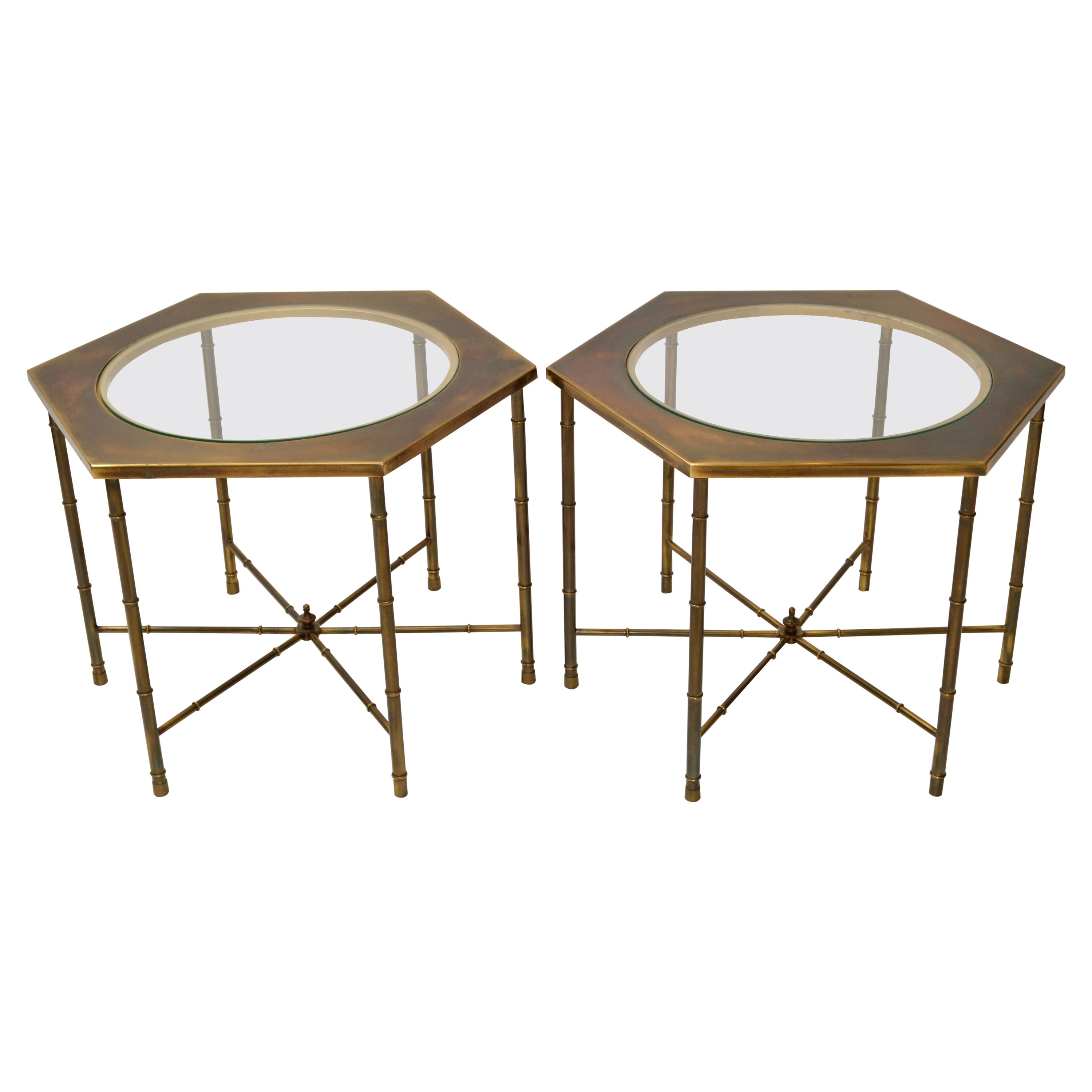 Mastercraft Solid Brass Faux Bamboo & Glass Hexagonal Drink Cocktail Table, Pair