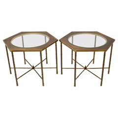 Mastercraft Solid Brass Faux Bamboo & Glass Hexagonal Drink Cocktail Table, Pair