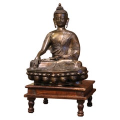 Antique 19th Century Bronze Buddha on Wooden Stand