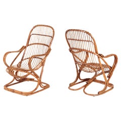 Pair of Italian Mid-Century Modern Rattan Lounge Arm Chairs