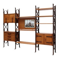 Brutalist Solid Oak and Iron Room Divider Storage Unit with Stained Glass Panel