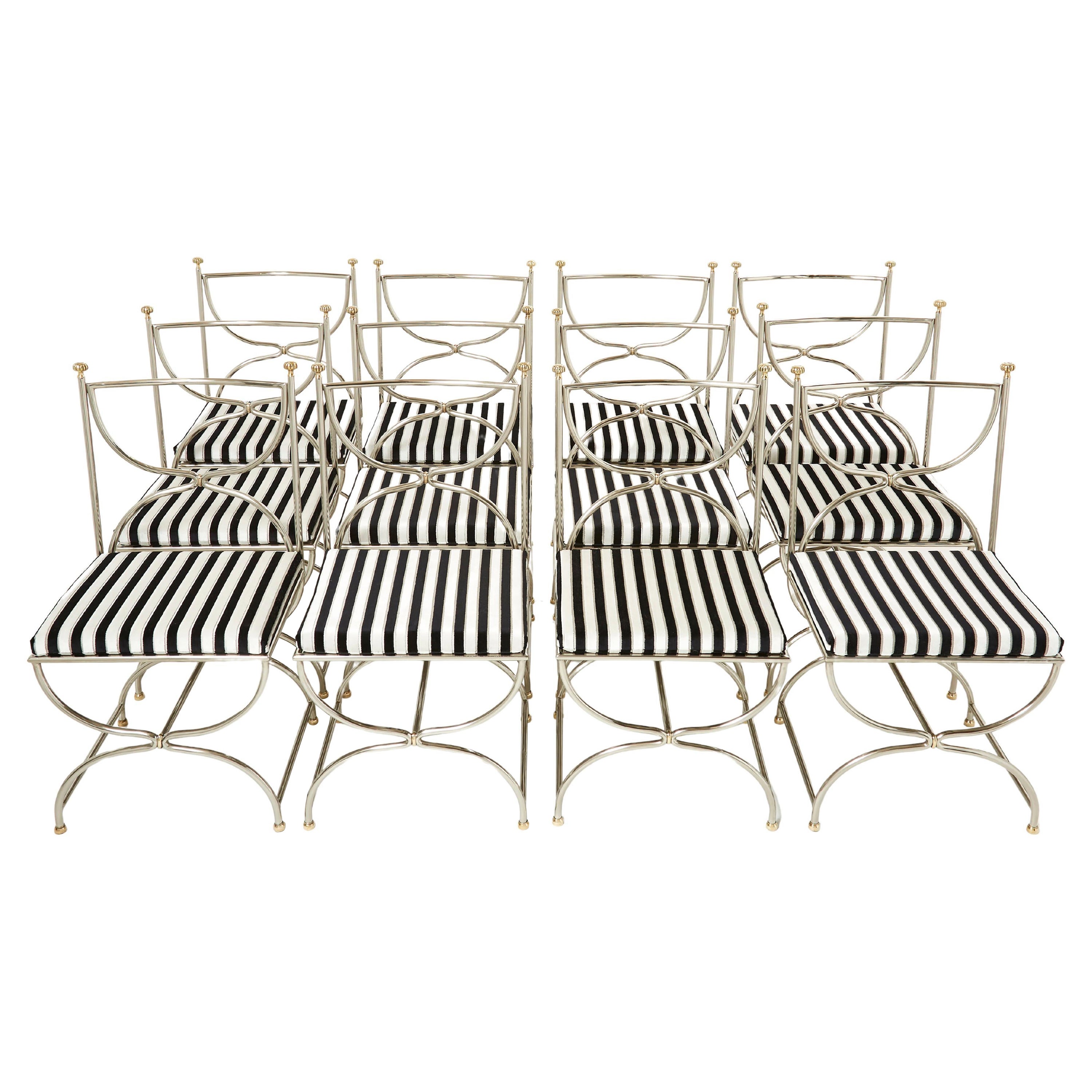 Set of Twelve Steel Brass Velvet Curule Chairs by Maison Jansen, 1960s For Sale