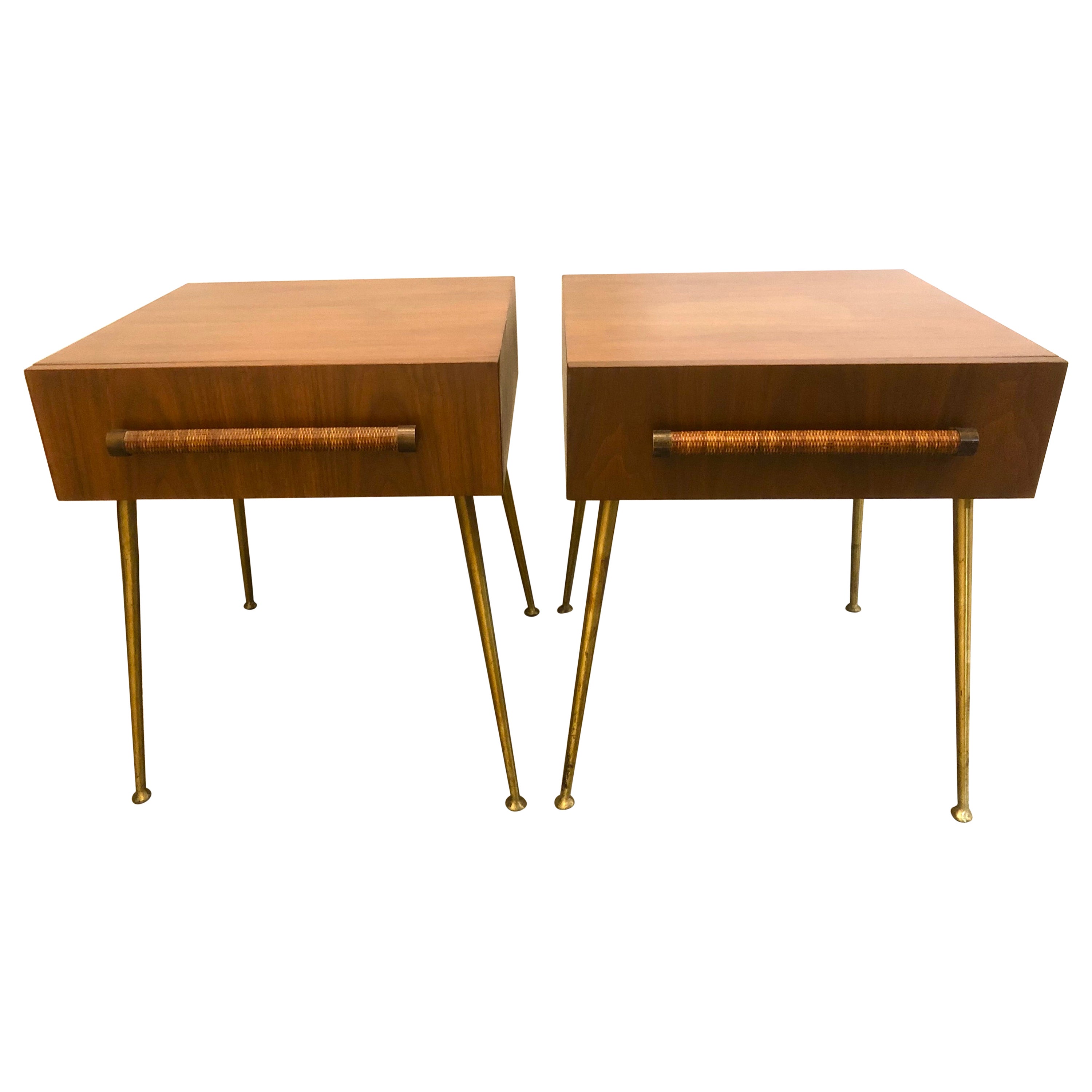 Pair Robsjohn Gibbings Side Tables with Raffia Cane-Wrapped Pulls For Sale