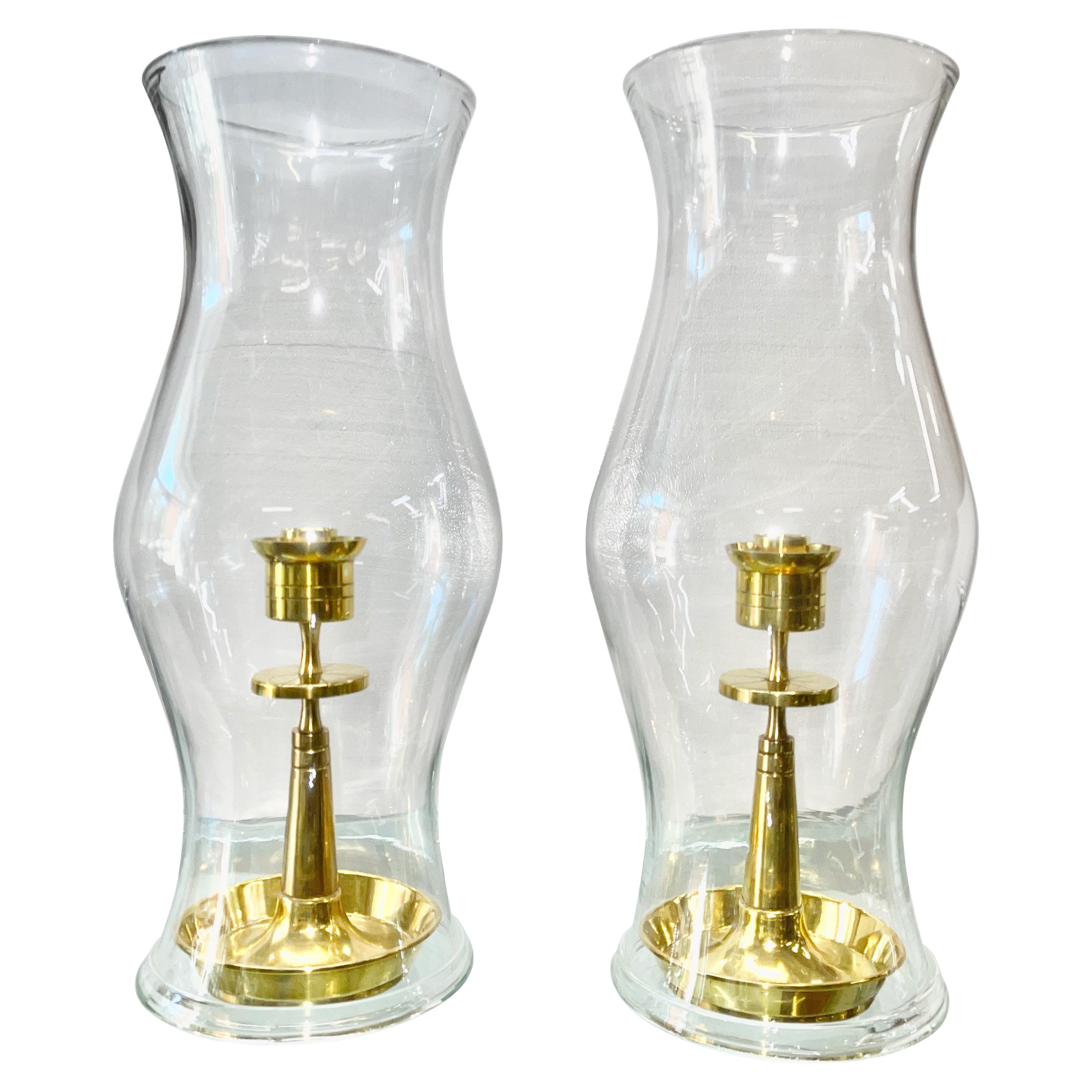 Tommi Parzinger for Dorlyn Brass Candleholders in Hurricane Shades For Sale