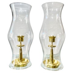 Retro Tommi Parzinger for Dorlyn Brass Candleholders in Hurricane Shades