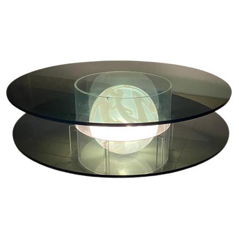 Italian Space Age Coffee Table in Smoked Glass Plexiglass Base with Murano 1970 For Sale