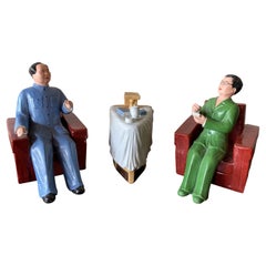 Vintage Chairman Mao & Madame Seated Ceramic Figures with Tea Table and Chairs