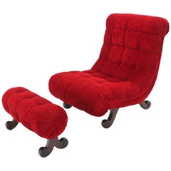 Hollywood Regency Scoop Shape Lounge Chair Foot Stool Red Upholstery HOT