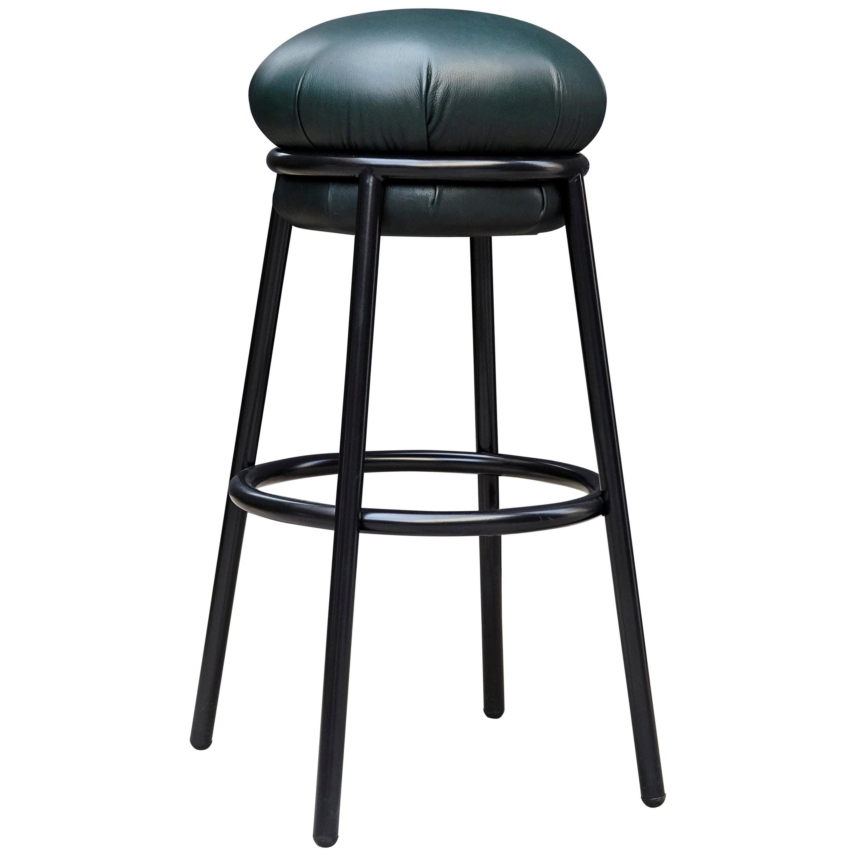 Stephen Burks Grasso Green Leather, Black Lacquered Metal Stool For Sale