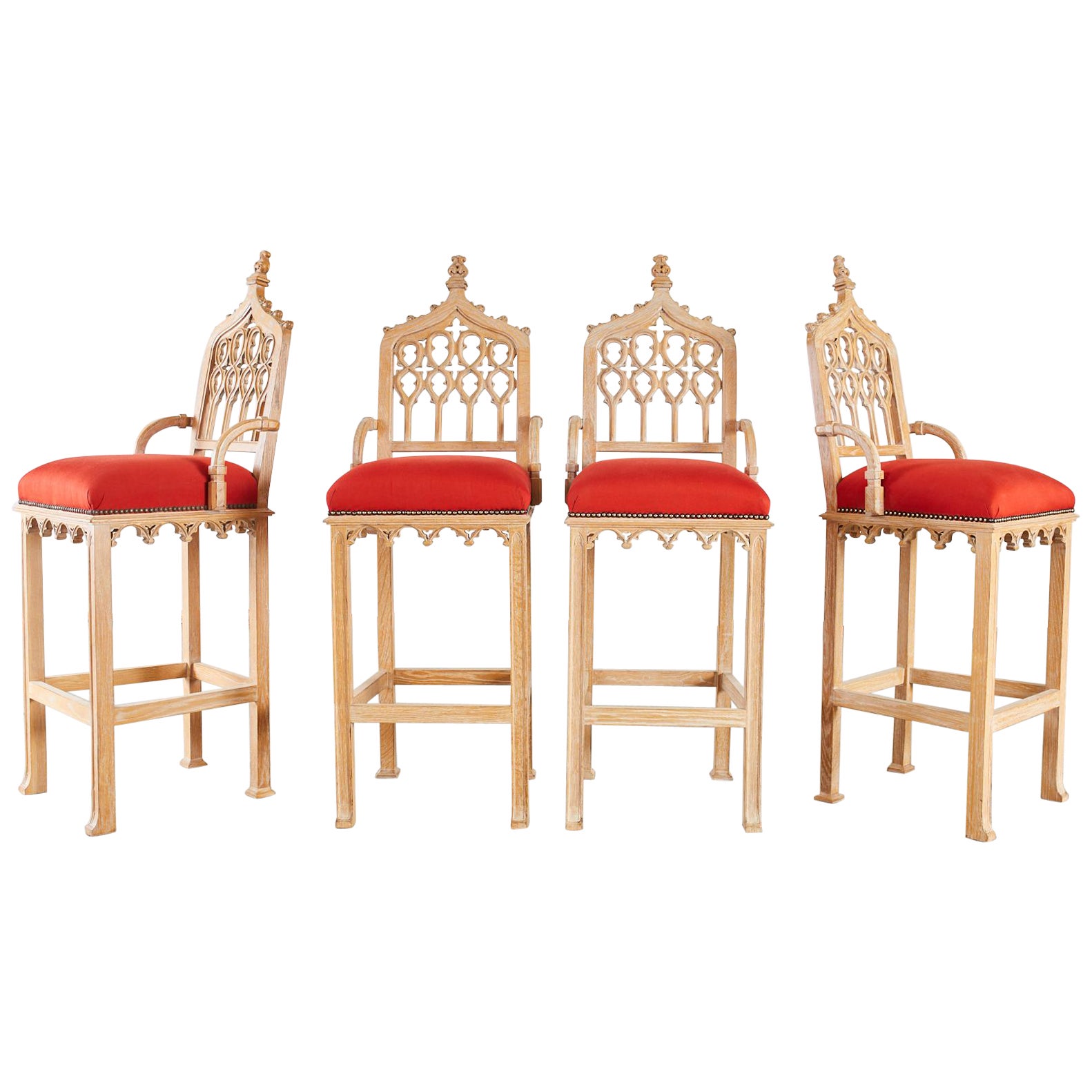 Set of Four Gothic Revival Style Oak and Carved Barstools