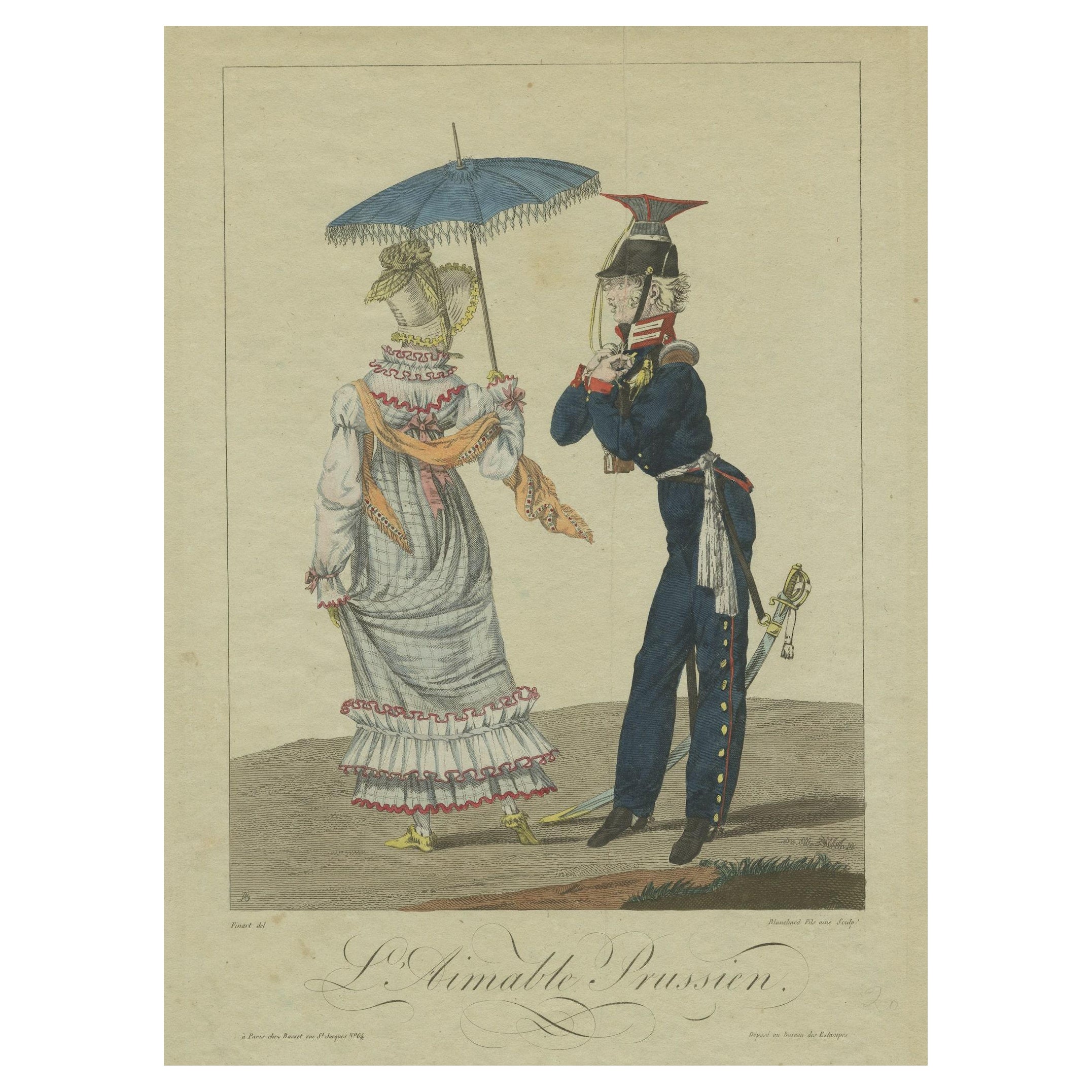 Two Hundred Year Old Engraving of a Prussian Soldier and a Lady, 1815 For Sale