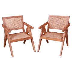 Pierre Jeanneret Style Sculpted Teak and Cane Club Chairs, Pair