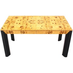 Burl Wood Black Lacquer Legs Writing Table or Desk Two Drawers.