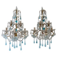 1920 French Aqua Blue Murano Flowers Drops and Crystal Prisms Spears Sconces Big