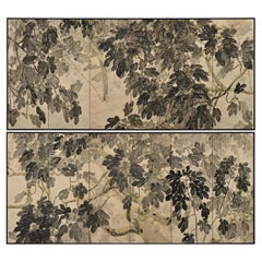 Early 20th Century Japanese Screen Pair, Fig Trees by Hiroe Kashu 'B.1890'