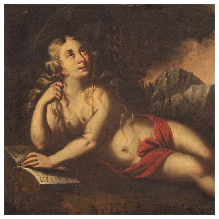 17th Century Oil on Canvas French Religious Painting Mary Magdalene, 1670 For Sale