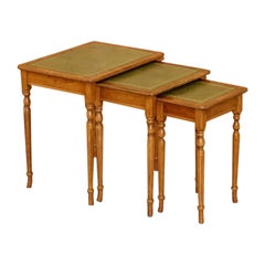 Nest of Three Yew Wood Green Leather Top & Gold Leaf Embossed Side Tables
