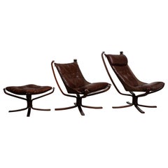 1970's Pair Dark Brown Leather 'Falcon' Chairs and Ottoman by Sigurd Ressel
