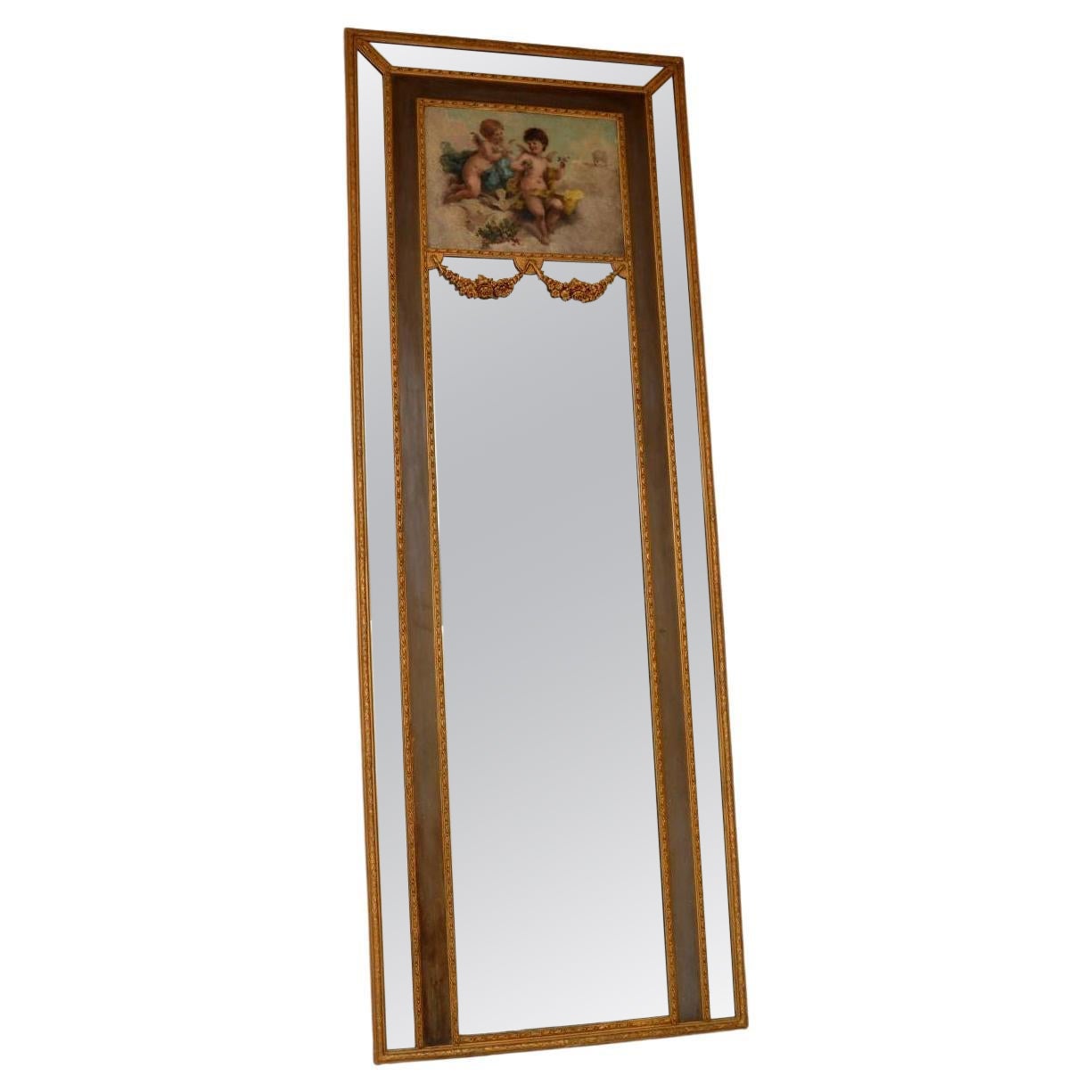 Very Tall Antique Gilt Wood Mirror with Oil Painting