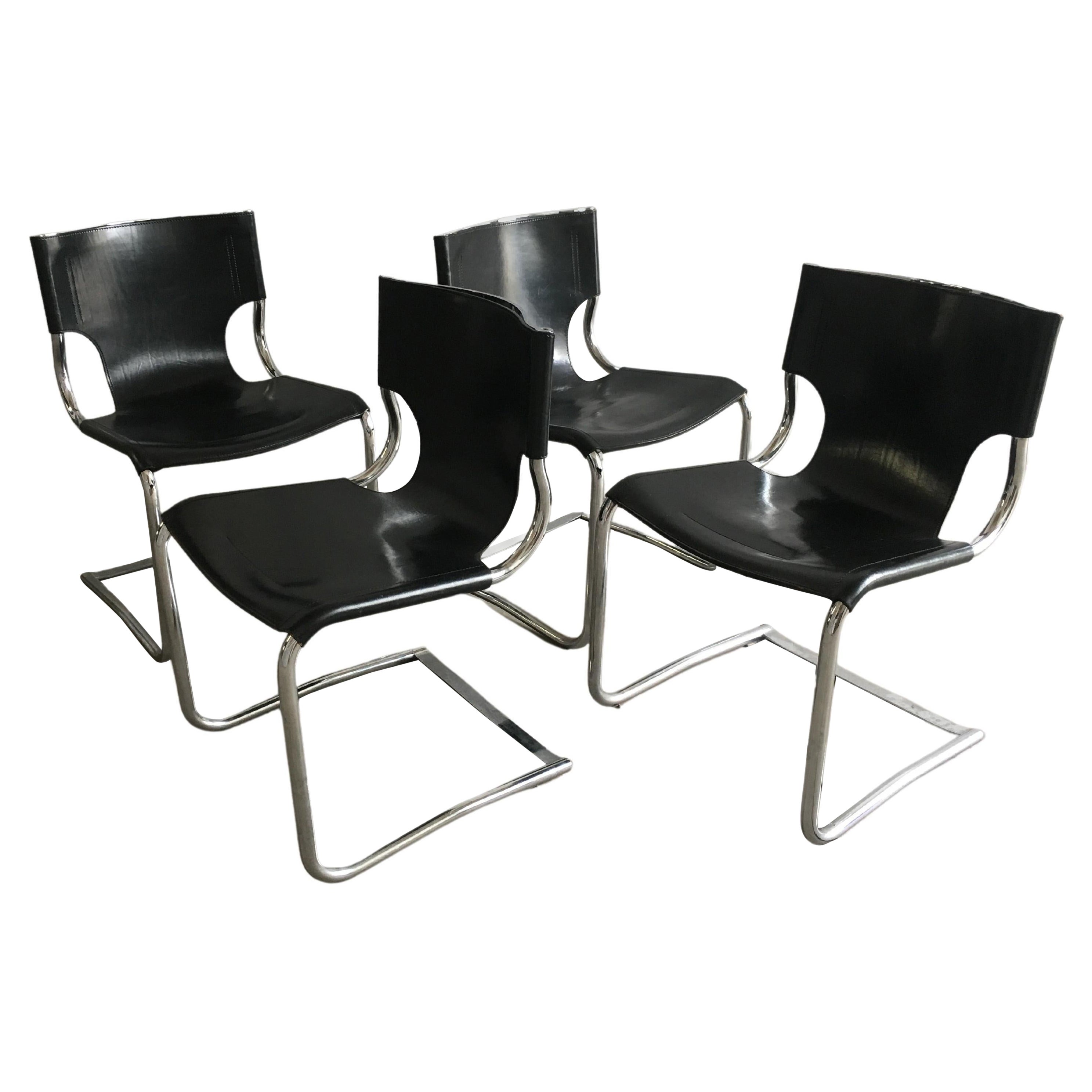 MidCentury Modern Set of 4 Italian Chrome and Black Leather Dining