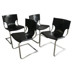 Mid-Century Modern Set of 4 Italian Chrome and Black Leather Dining Chairs
