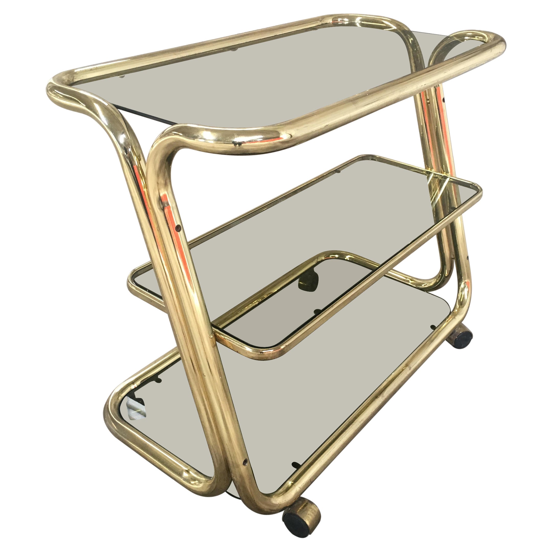 Mid-Century Modern Italian Gilt Metal Bar Cart with Smoked Glass Shelves, 1970s For Sale