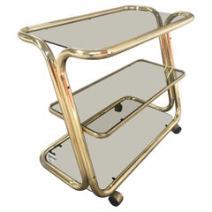 Mid-Century Modern Italian Gilt Metal Bar Cart with Smoked Glass Shelves, 1970s