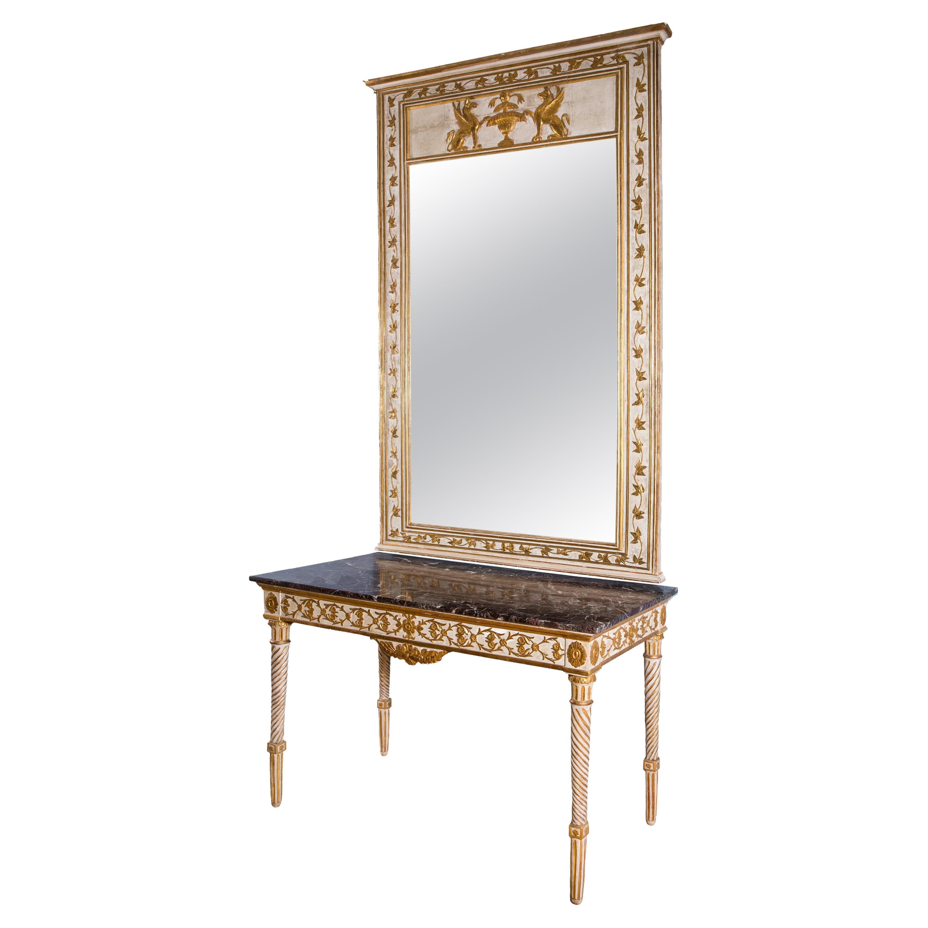 Konsolentisch aus vergoldetem Holz und Lack im Louis-XVI-Stil mit Spiegel im Angebot